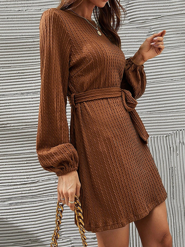 Hollow Solid Color Tied Waist Long Sleeves Loose Round-Neck Mini Dresses