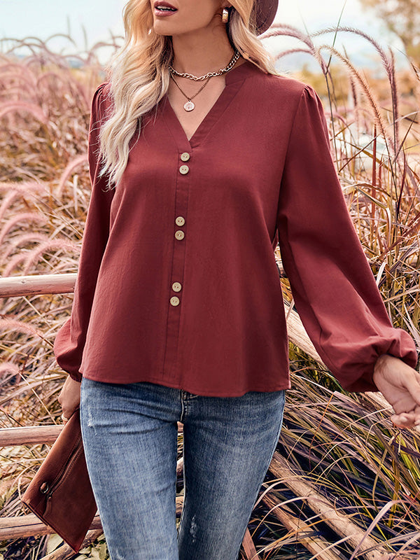 Buttoned Elasticity Long Sleeves Loose V-neck Blouses&shirts Tops