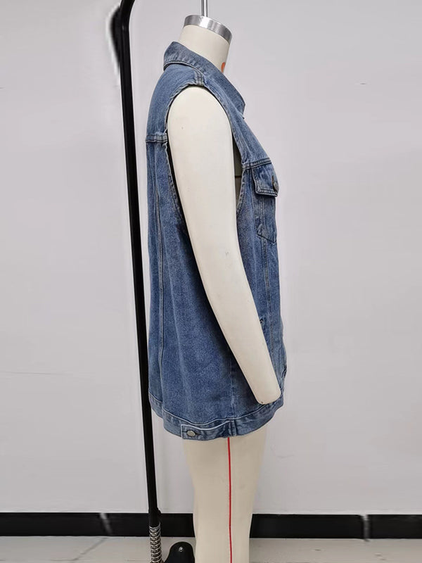 Buttoned Drawstring Pockets Split-Joint Loose Sleeveless Polo Vest Outerwear