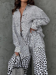 Polka-Dot Long Sleeves Loose Buttoned Contrast Color Pockets Lapel Blouses Tops + Pants Bottom Two Pieces Set