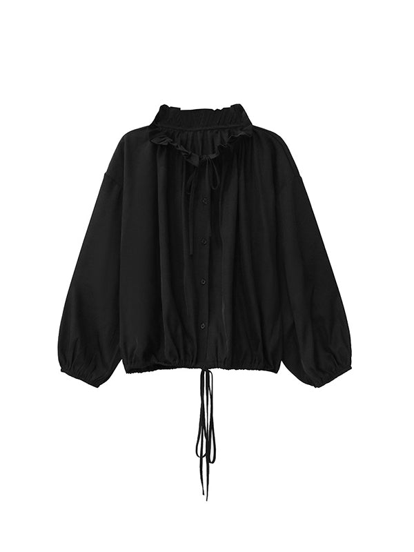 Drawstring Pleated Pullover Design Solid Color Long Sleeves Loose Lace Collar Blouses&Shirts Tops