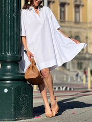 A-Line Short Sleeves Solid Color Split-Joint Lapel Mini Dresses Shirt Dress