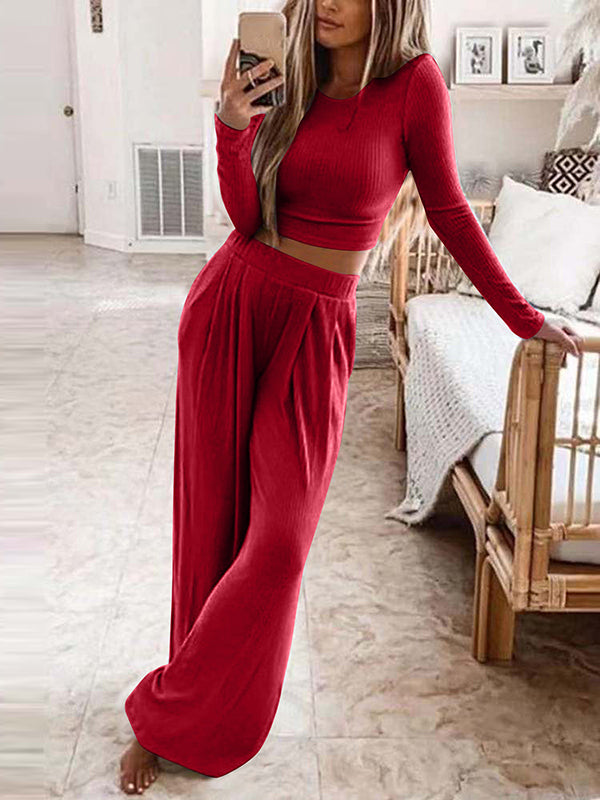 Plus Size Solid Color Long Sleeves Round-Neck Shirts Top + Pants Bottom Two Pieces Set