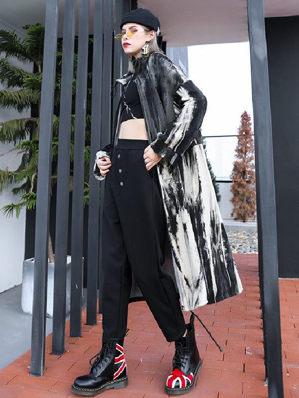 Casual Loose Long Sleeves Drawstring Tie-Dyed Zipper Outerwear