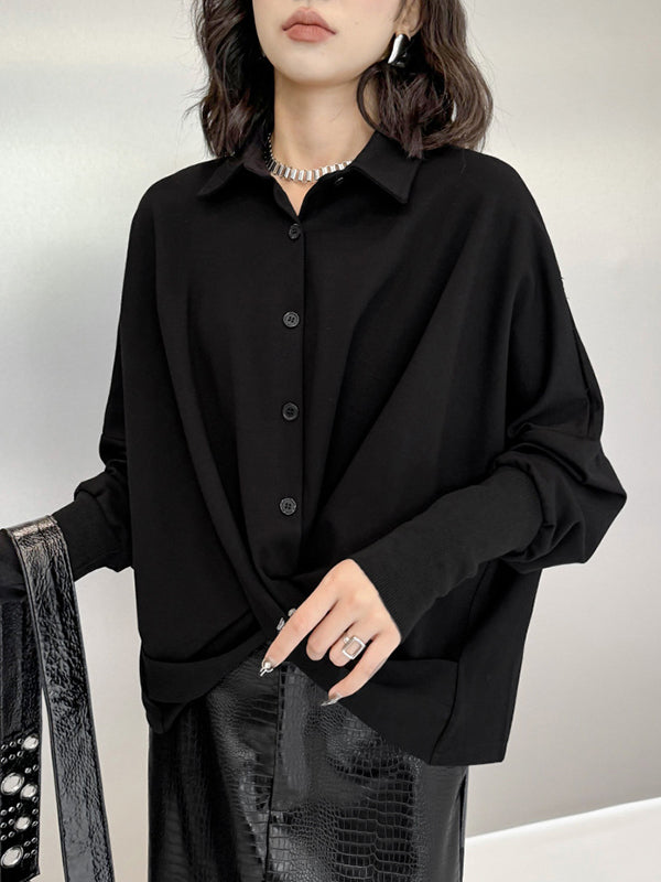 Buttoned Solid Color Twist Hipster Irregularity Lapel Collar Blouses&Shirts Tops