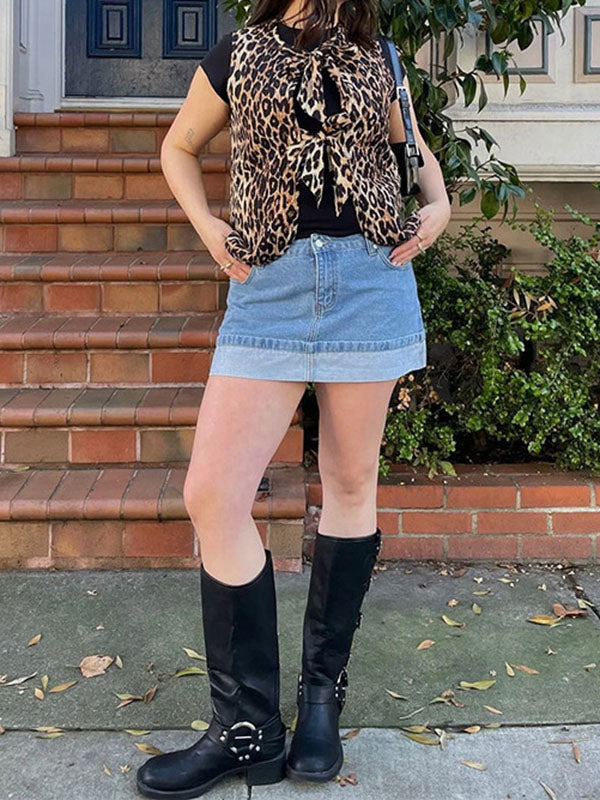 Lace-Up Leopard Split-Joint Loose Sleeveless V-neck Vest Outerwear