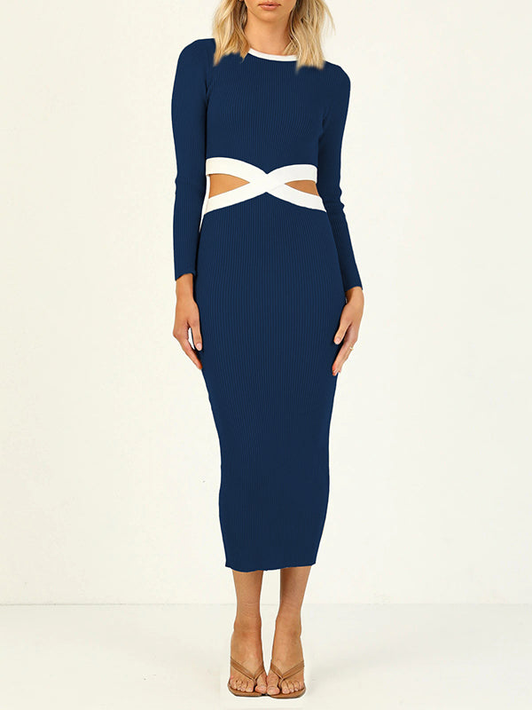 Hollow High Waisted Long Sleeves Round-Neck Midi Dresses