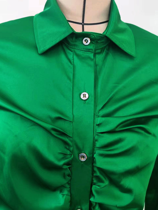 Pleated Solid Color Long Sleeves Lapel Blouses&shirts Tops