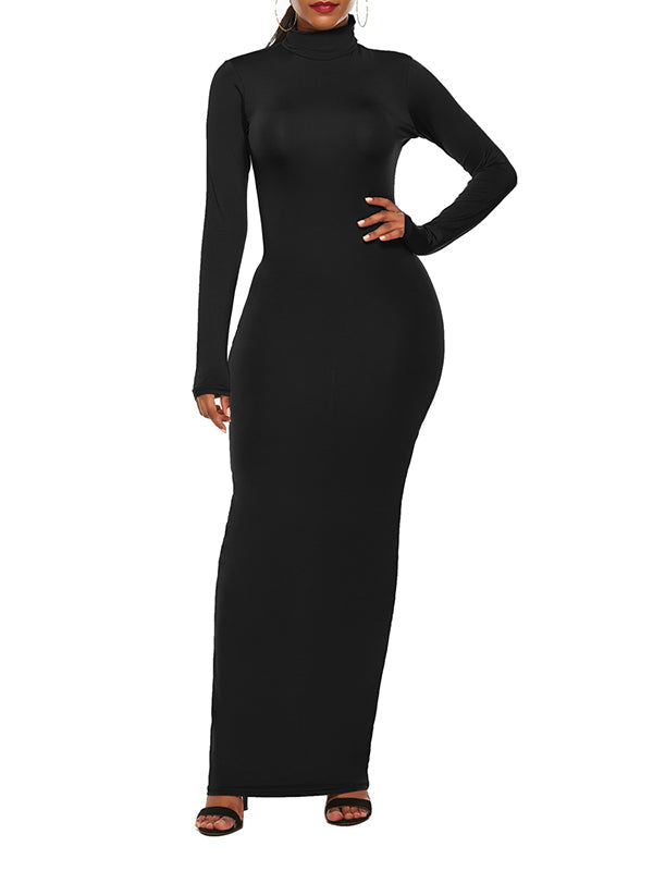 Solid Color Bodycon Long Sleeves High Neck Maxi Dresses