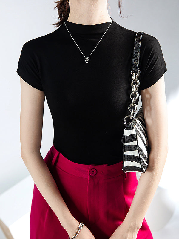 Solid Color Short Sleeves Skinny Mock Neck T-Shirts Tops