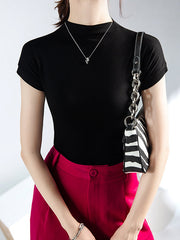 Solid Color Short Sleeves Skinny Mock Neck T-Shirts Tops