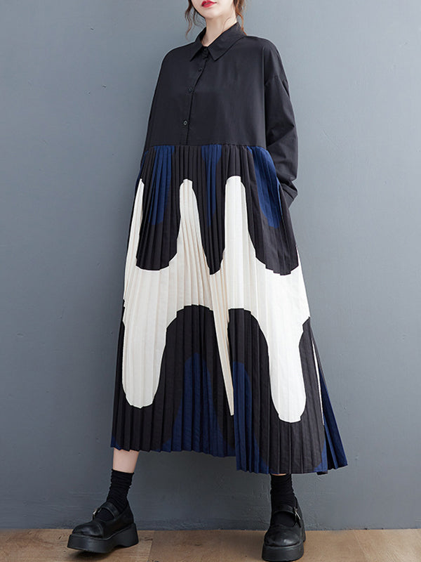 Contrast Color Pleated Printing Split-Joint A-Line Long Sleeves Polo Midi Dresses