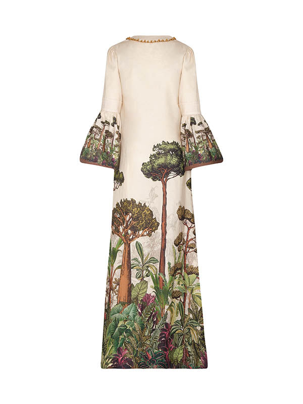 Leaves Print Flared Sleeves Loose V-neck Maxi Dresses