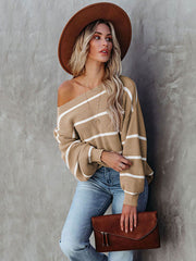 Long Sleeves Striped Off-The-Shoulder Sweater Tops