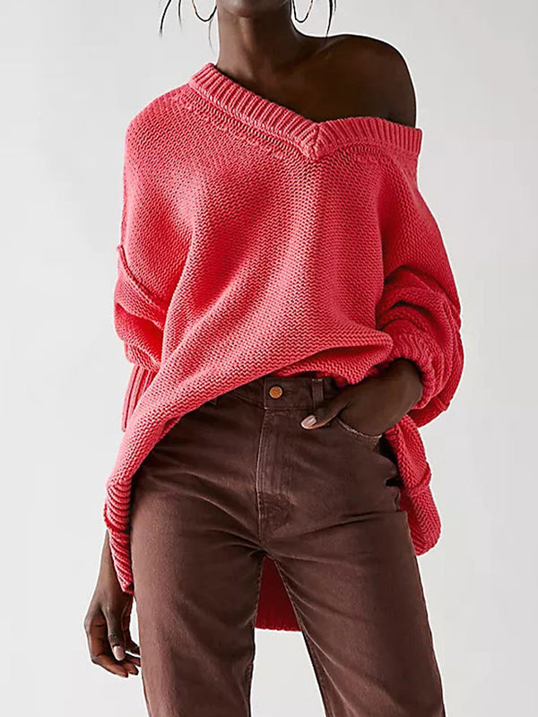 Solid Color Velvet Long Sleeves Loose V-Neck Sweater Tops Pullovers