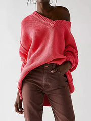 Solid Color Velvet Long Sleeves Loose V-Neck Sweater Tops Pullovers