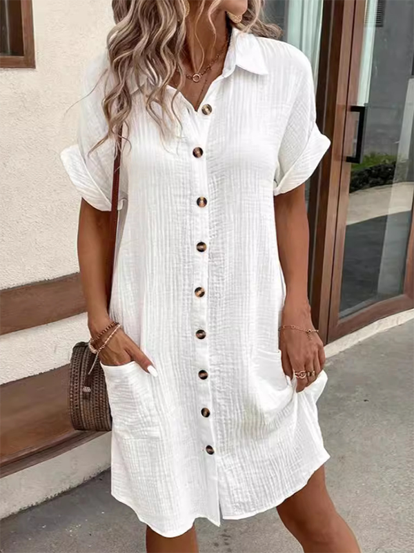 Buttoned Pockets Loose Short Sleeves Lapel Mini Dresses
