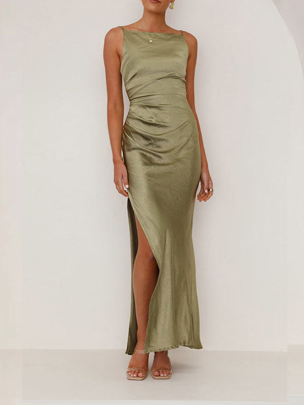 Pleated Solid Color Split-Joint Split-side Sleeveless Spaghetti-Neck Midi Dresses