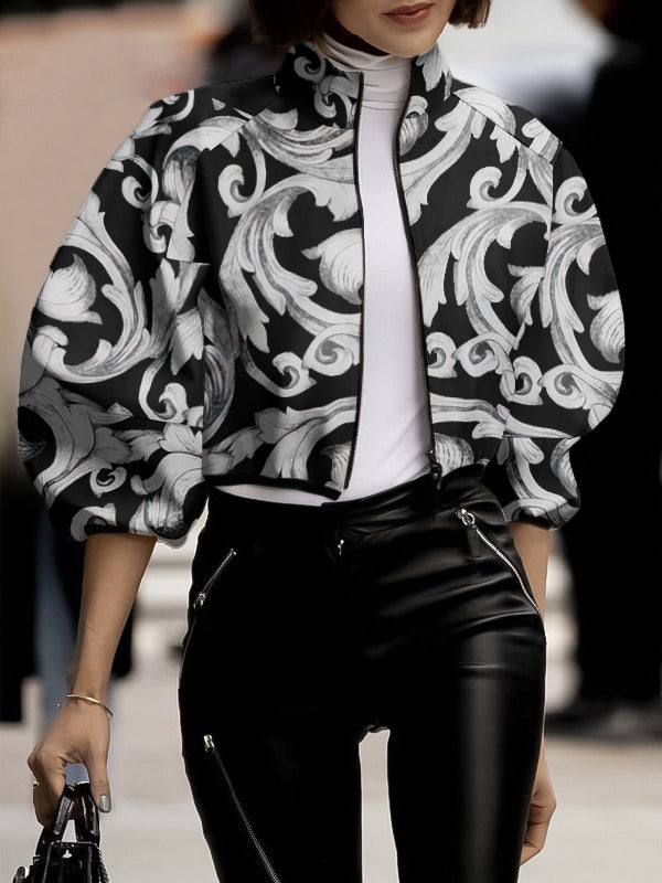 Floral Printed Split-Joint Loose Puff Sleeves High Neck Outerwear Jackets