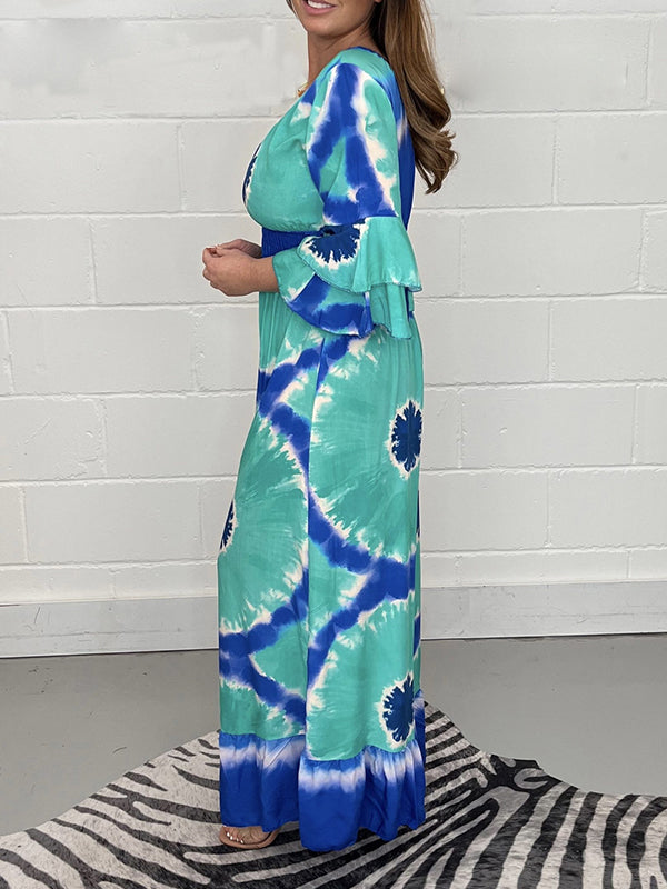 Printed Split-Joint Triple Layered Flared Sleeves Loose V-neck Jumpsuits