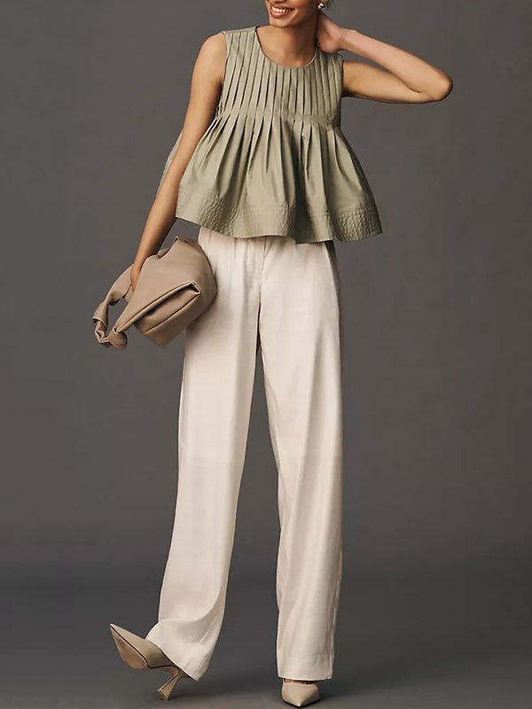 Pleated Solid Color Split-Joint Zipper Loose Sleeveless Round-neck Vest Top