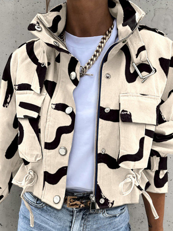 Buttoned Drawstring Pockets Printed Split-Joint Zipper Long Sleeves Loose Stand Collar Outerwear Jackets