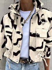 Buttoned Drawstring Pockets Printed Split-Joint Zipper Long Sleeves Loose Stand Collar Outerwear Jackets