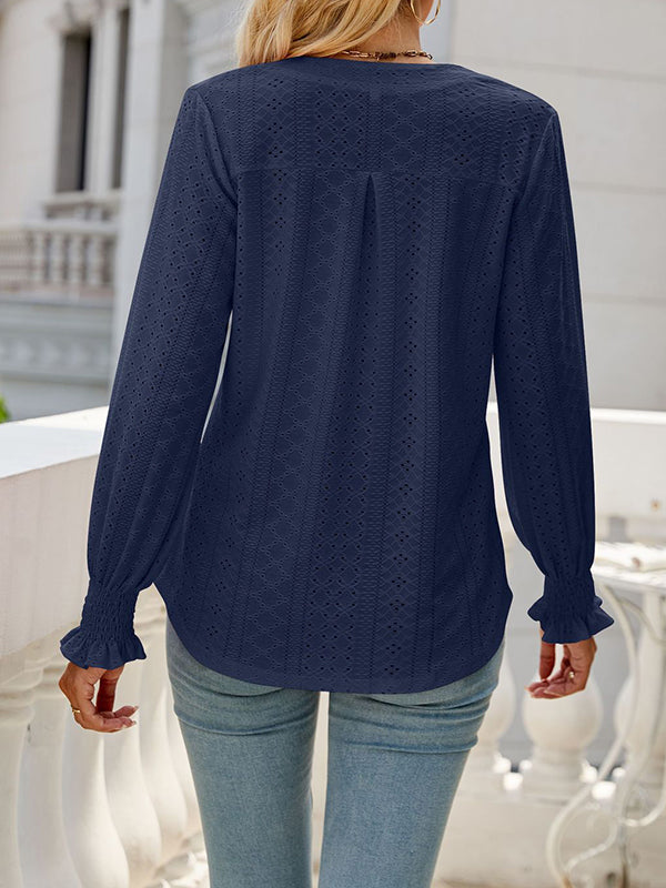 Elasticity Hollow Solid Color Long Sleeves Loose V-neck T-Shirts Tops