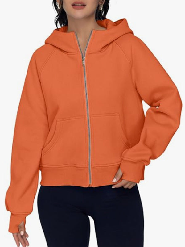 Pockets Solid Color Zipper Hooded Long Sleeves Outerwear Jackets