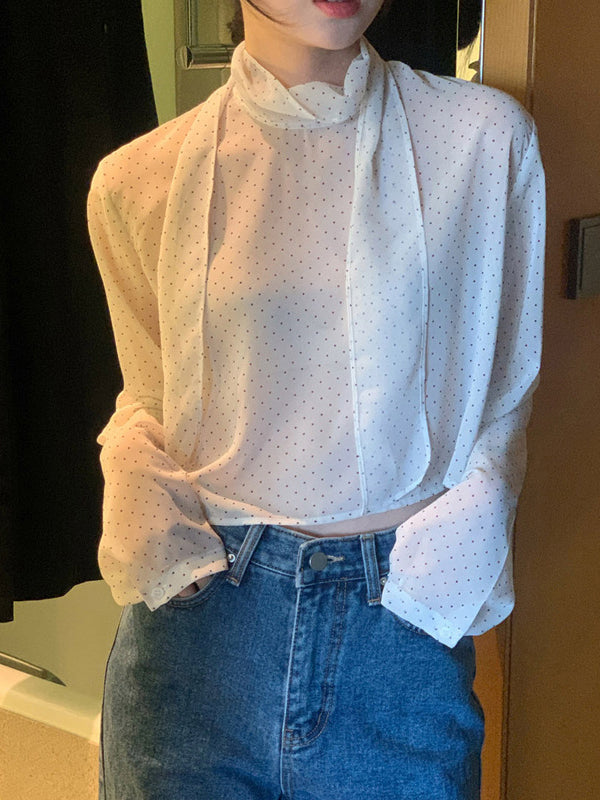 Polka-Dot See-Through Tied Long Sleeves Loose Mock Neck Blouses&Shirts Tops
