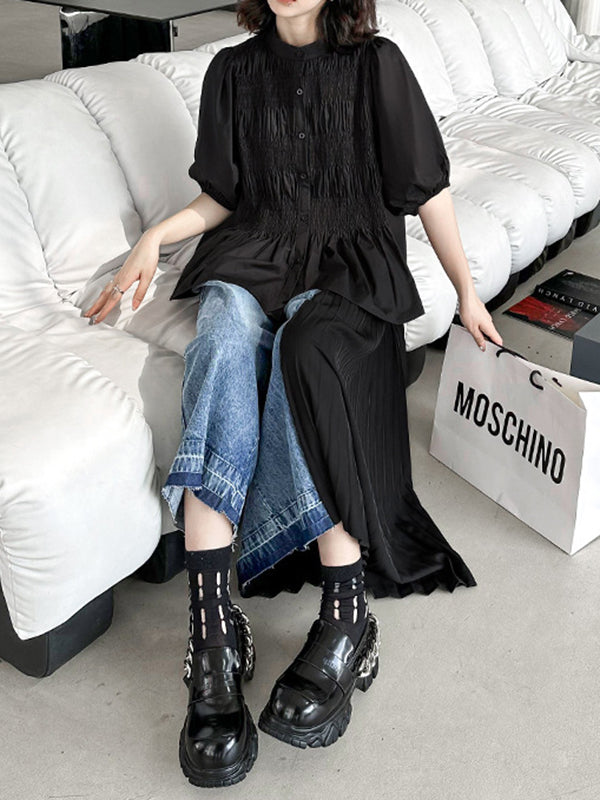 Contrast Color Pleated Split-Joint Loose Ninth Pants Jean Pants Bottoms