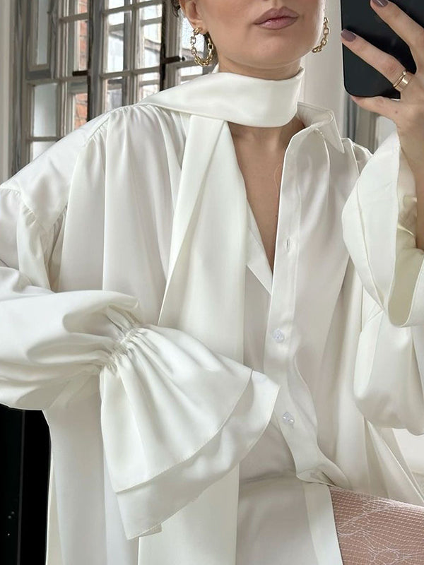 Double Layered Elasticity Solid Color Tied Flared Sleeves Long Sleeves V-Neck Blouses&Shirts Tops