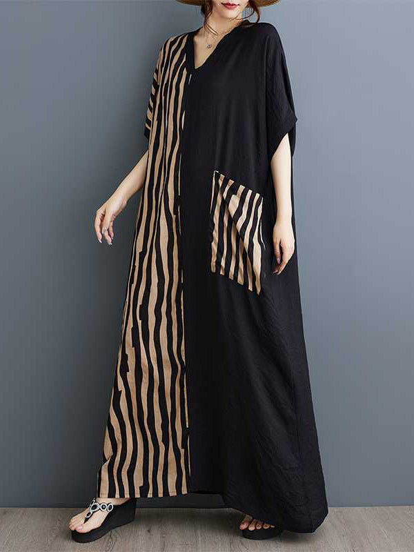 Contrast Color Pockets Split-Joint Striped A-Line Batwing Sleeves V-Neck Maxi Dresses