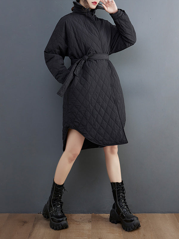 Simple Loose Rhombic Belted Solid Color Lapel Padded Coat