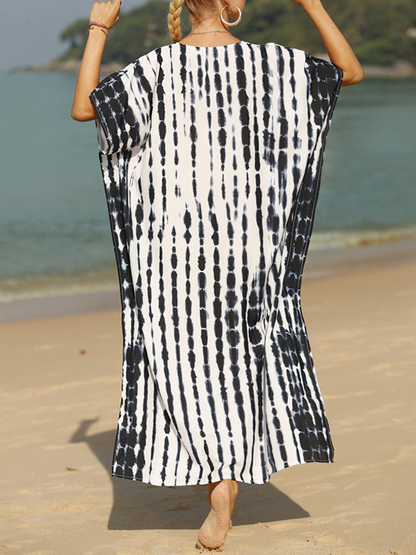 Printed Split-Side Sun Protection Loose Short Sleeves V-Neck Maxi Dresses