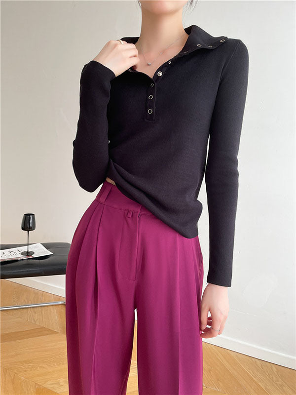Casual Skinny Loose Solid Color Lapel Collar Pullovers