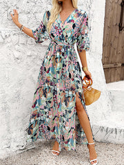 Flower Print Split-Side Tied Waist Half Sleeves Loose V-Neck Maxi Dresses