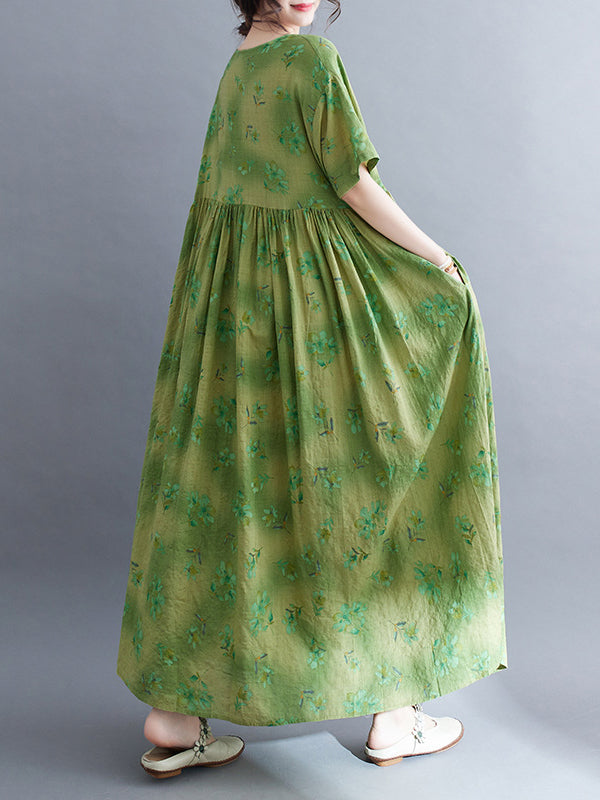 Floral Printed Loose Short Sleeves Round-Neck Midi Dresses