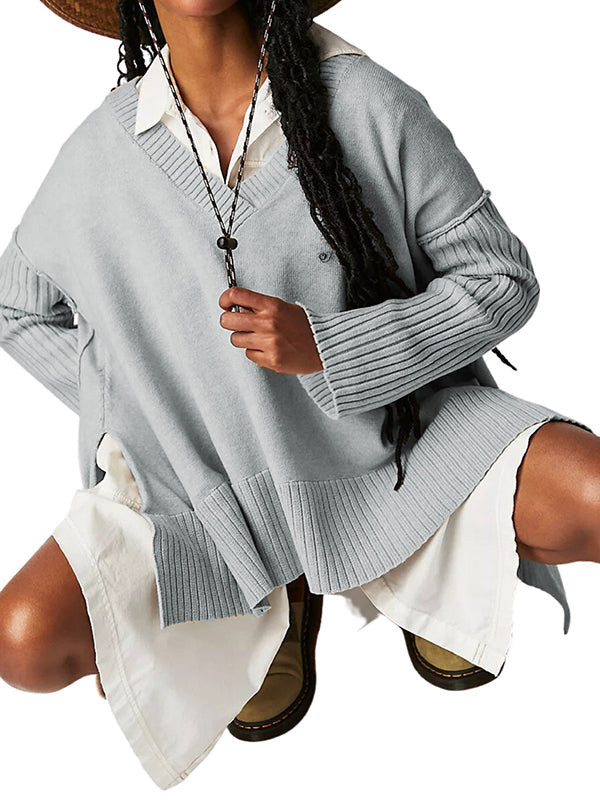 Solid Color Split-Joint Split-Side Long Sleeves Loose V-Neck Sweater Tops Pullovers