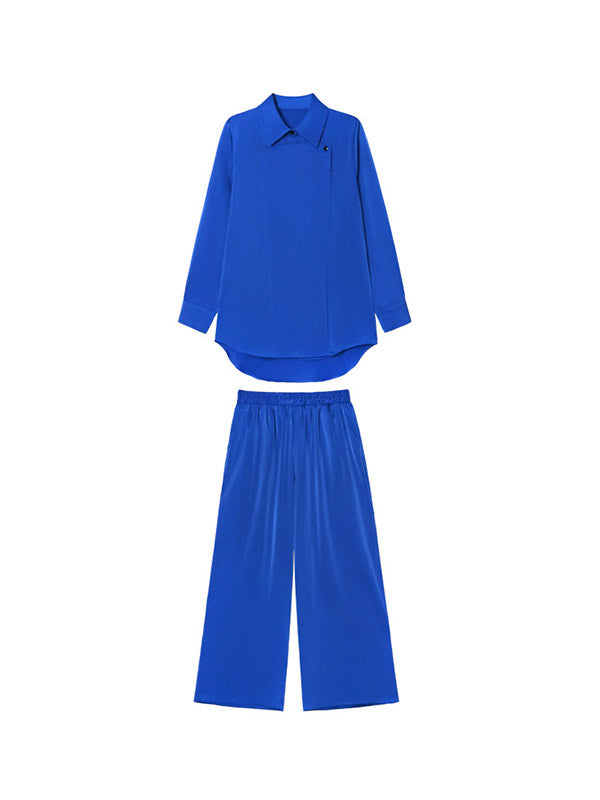 Buttoned Solid Color Long Sleeves Lapel Shirts Top + Elasticity High Waisted Pants Bottom Two Pieces Set