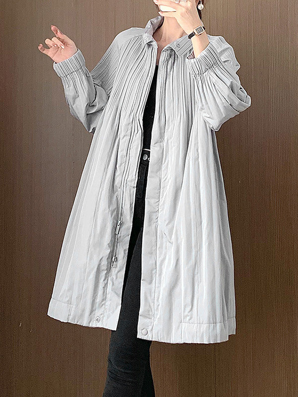 Pleated Quilted Solid Color Zipper Long Sleeves Loose Asymmetric Collar Padded Coat