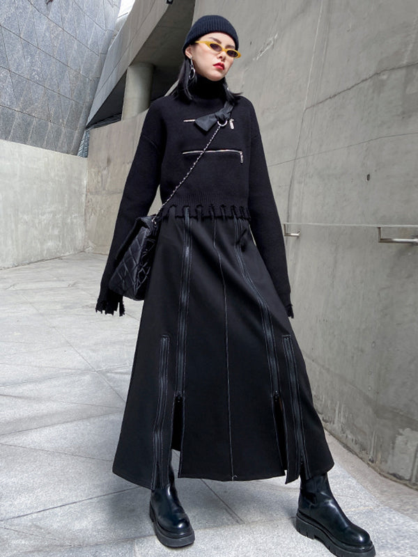 Solid Color Split-Joint Split-Side Zipper A-Line Irregularity Skirts Bottoms