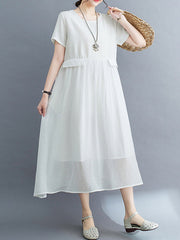Gauze Solid Color Split-Joint Loose Short Sleeves Round-neck Midi Dresses