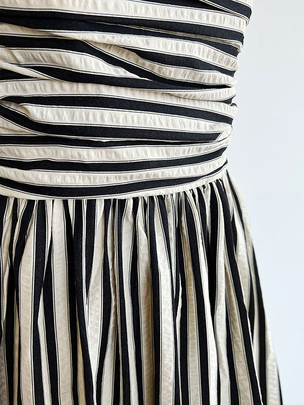 Pleated Split-Joint Striped Loose Sleeveless Spaghetti-Neck Midi Dresses