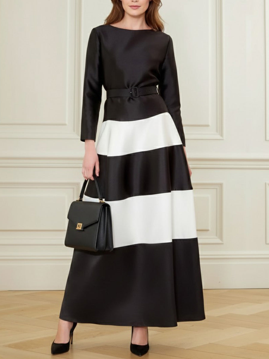 Belted Contrast Color Split-Joint A-Line Bodycon Round-Neck Maxi Dresses