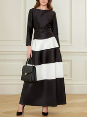 Belted Contrast Color Split-Joint A-Line Bodycon Round-Neck Maxi Dresses