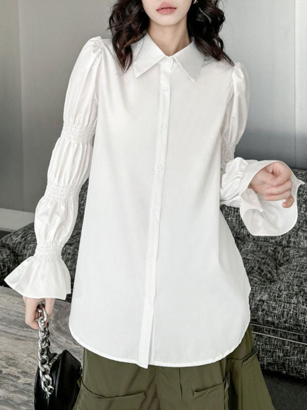 Pleated Solid Color Split-Joint Puff Sleeves Lapel Blouses