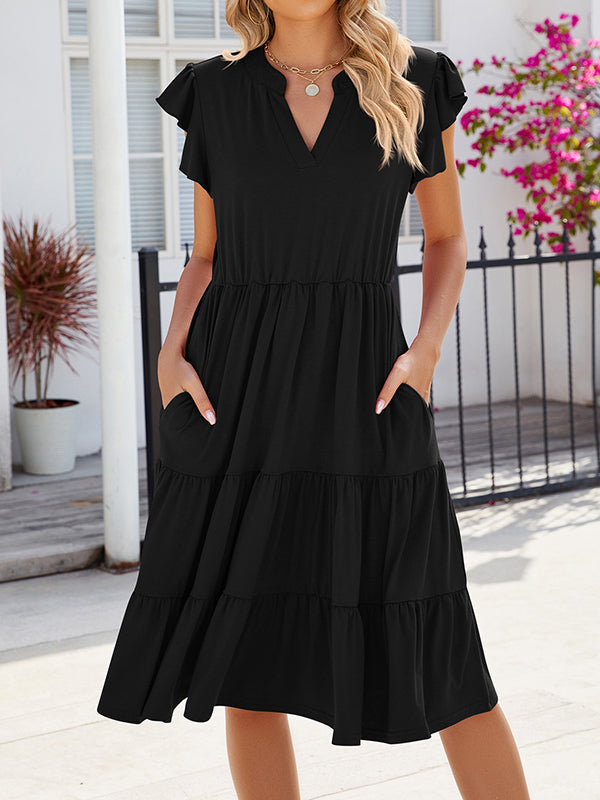 Pleated Pockets Solid Color Split-Joint Loose Ruffle Sleeves V-Neck Midi Dresses