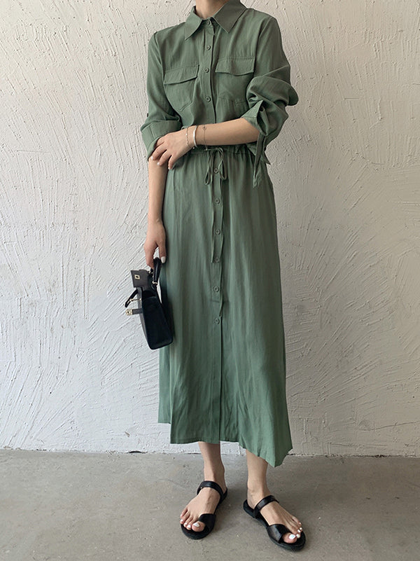 Casual A-Line Long Sleeves Bandage Solid Color Lapel Collar Shirt Midi Dresses