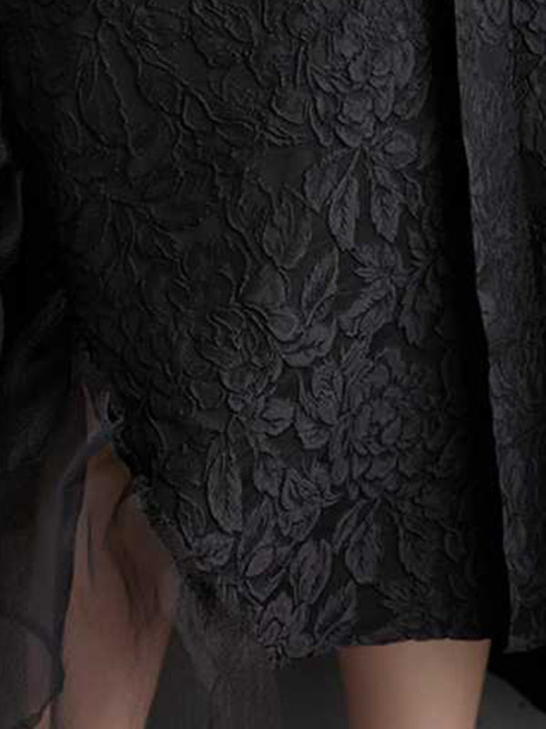 Asymmetric Flower Shape Gauze Jacquard Pleated Solid Color Split-Joint Batwing Sleeves Loose Round-Neck Midi Dresses